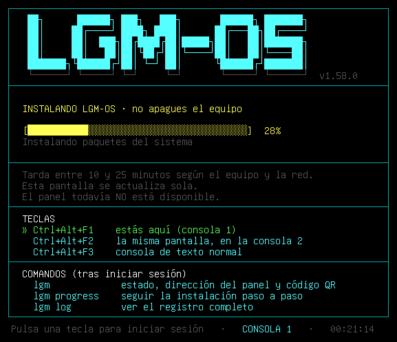 The first-boot screen, showing the panel's address