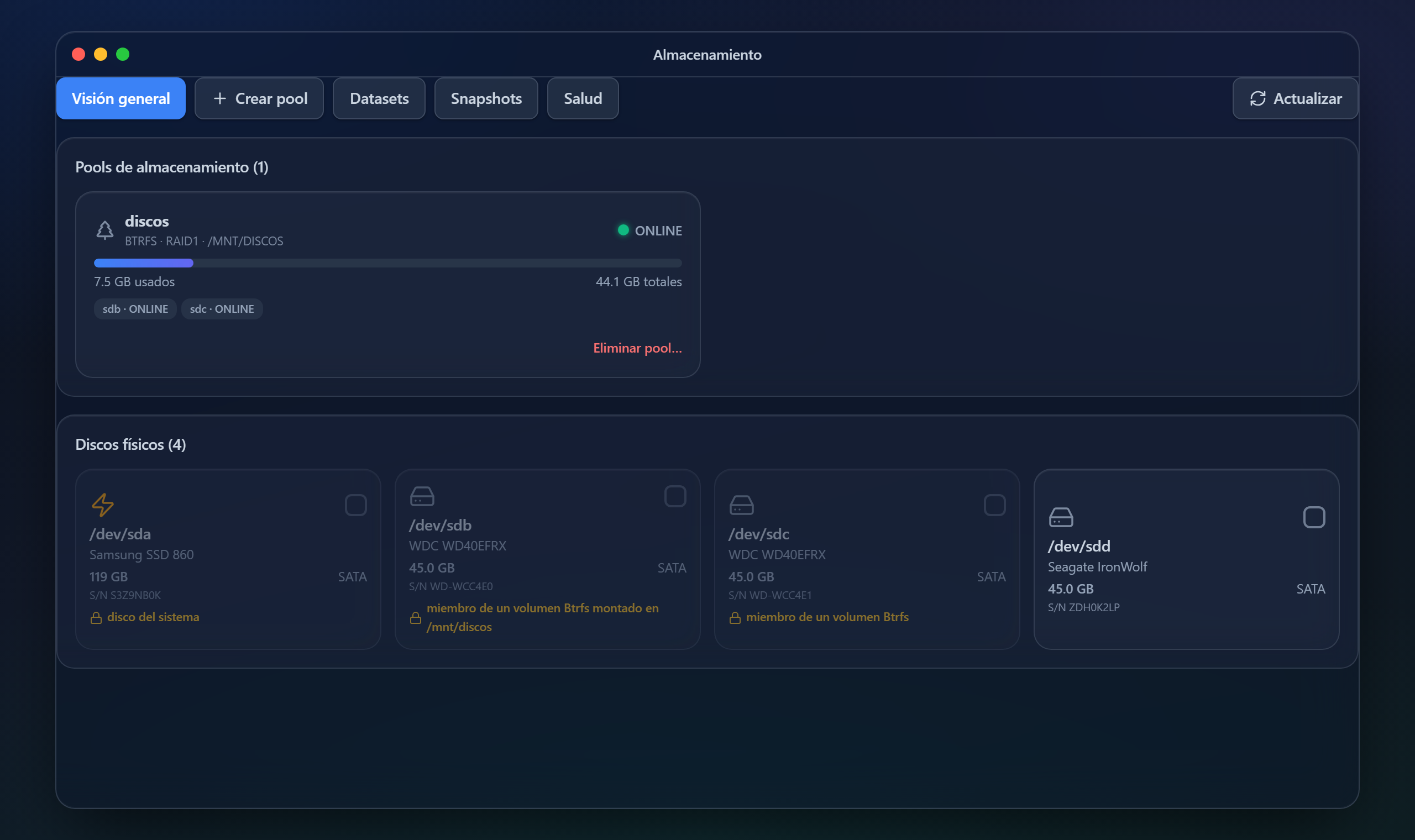 El panel de LGM-OS: almacenamiento (tema oscuro)